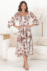 Samera Midi Dress - On or Off Shoulder A Line Dress in Kacia Print Brown