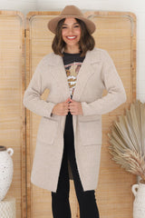 Darby Cardigan - Folded Collar Coatigan with Pockets in Sand