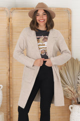 Darby Cardigan - Folded Collar Coatigan with Pockets in Sand