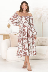 Samera Midi Dress - On or Off Shoulder A Line Dress in Kacia Print Brown