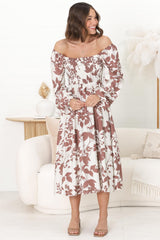 Samera Midi Dress - On or Off Shoulder A Line Dress in Kacia Print Brown