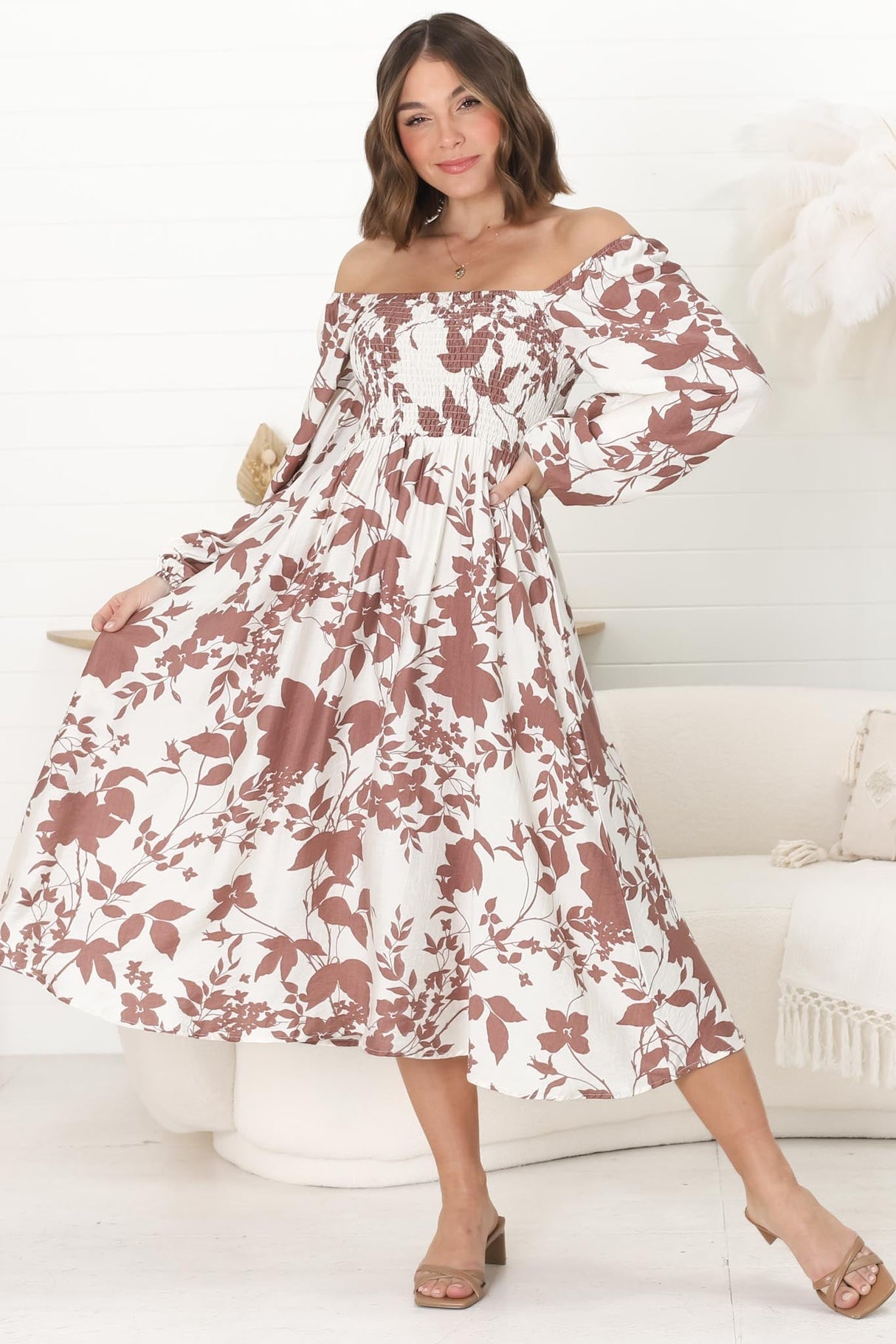 Samera Midi Dress - On or Off Shoulder A Line Dress in Kacia Print Brown