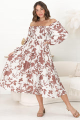 Samera Midi Dress - On or Off Shoulder A Line Dress in Kacia Print Brown