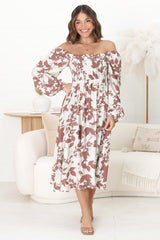 Samera Midi Dress - On or Off Shoulder A Line Dress in Kacia Print Brown