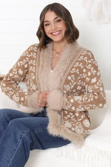 Wolfe Jacket - Faux Fur Trim Open Knit Jacket in Camel