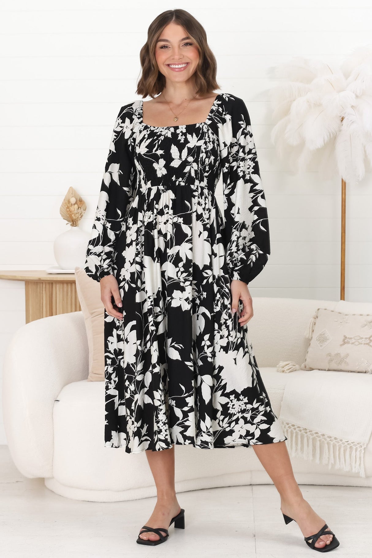 Samera Midi Dress - On or Off Shoulder A Line Dress in Kacia Print Black