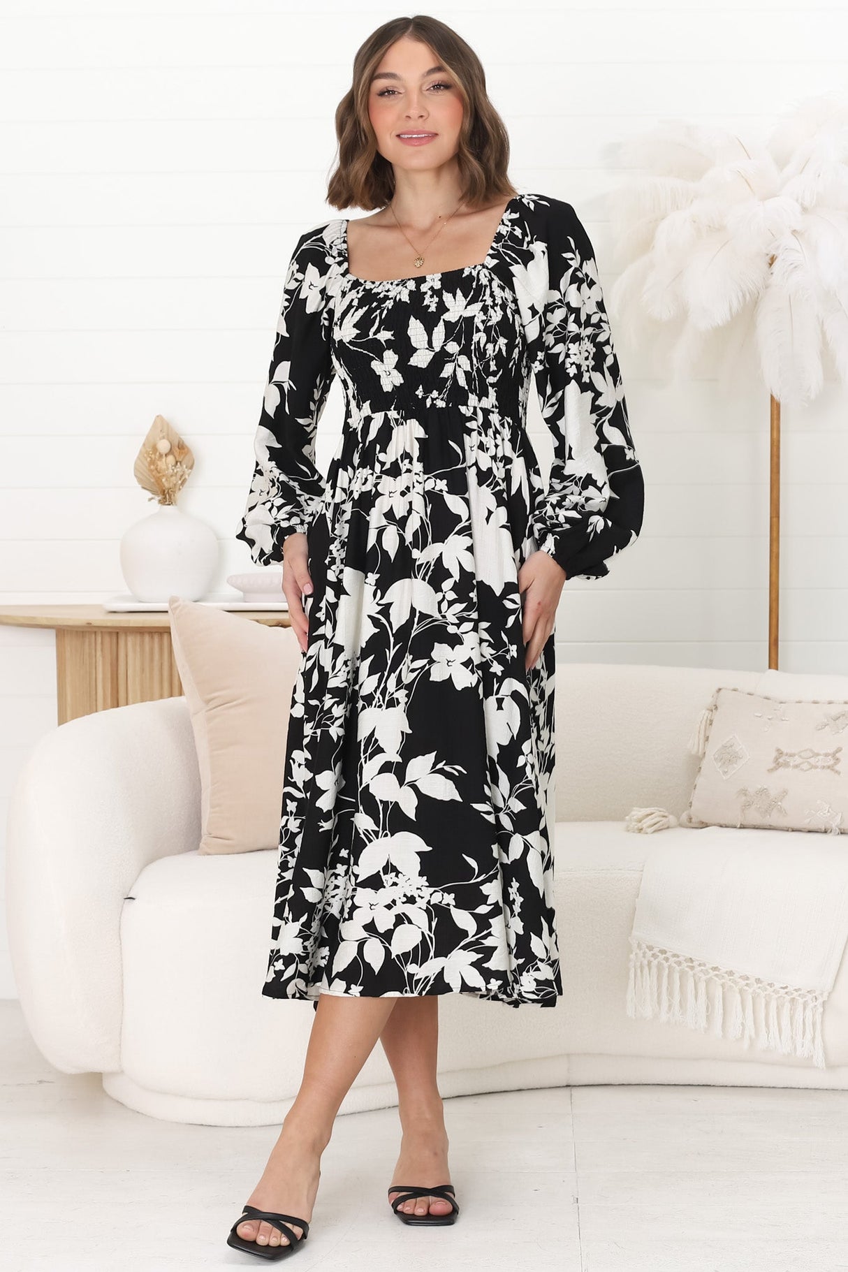 Samera Midi Dress - On or Off Shoulder A Line Dress in Kacia Print Black