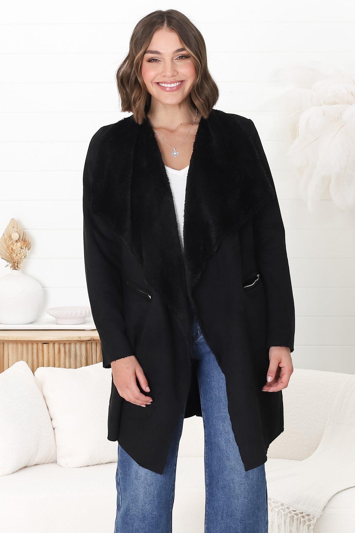 Devenish Jacket - Faux Fur Lined Suede-Like Waterfall Jacket in Black