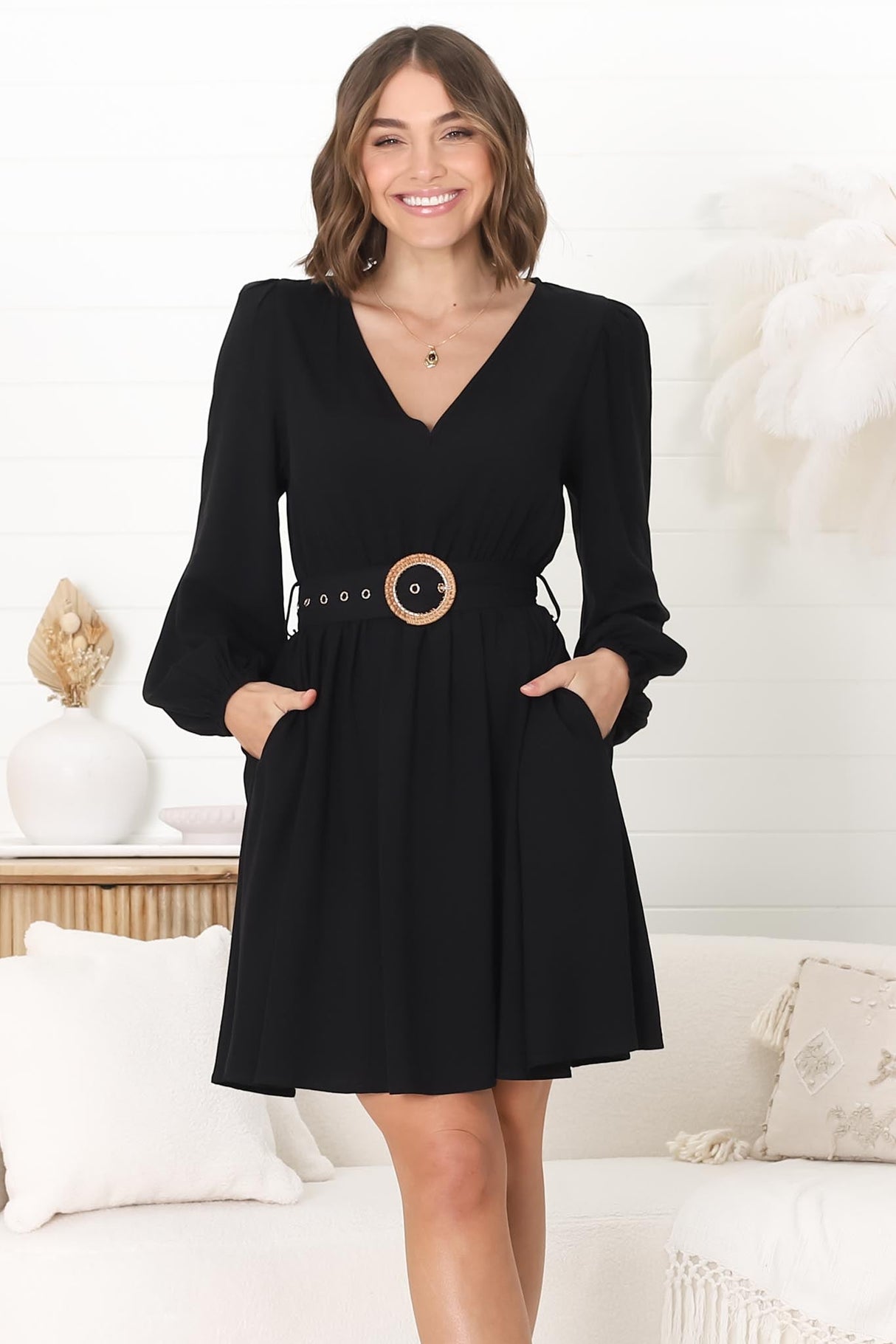 Lyna Mini Dress - A Line Dress with Statement Rattan Buckle Belt in Black