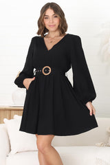 Lyna Mini Dress - A Line Dress with Statement Rattan Buckle Belt in Black