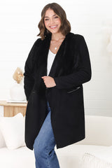 Devenish Jacket - Faux Fur Lined Suede-Like Waterfall Jacket in Black