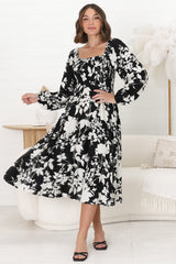 Samera Midi Dress - On or Off Shoulder A Line Dress in Kacia Print Black