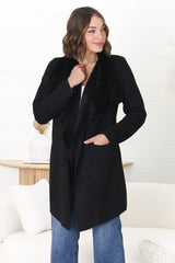 Devenish Jacket - Faux Fur Lined Suede-Like Waterfall Jacket in Black