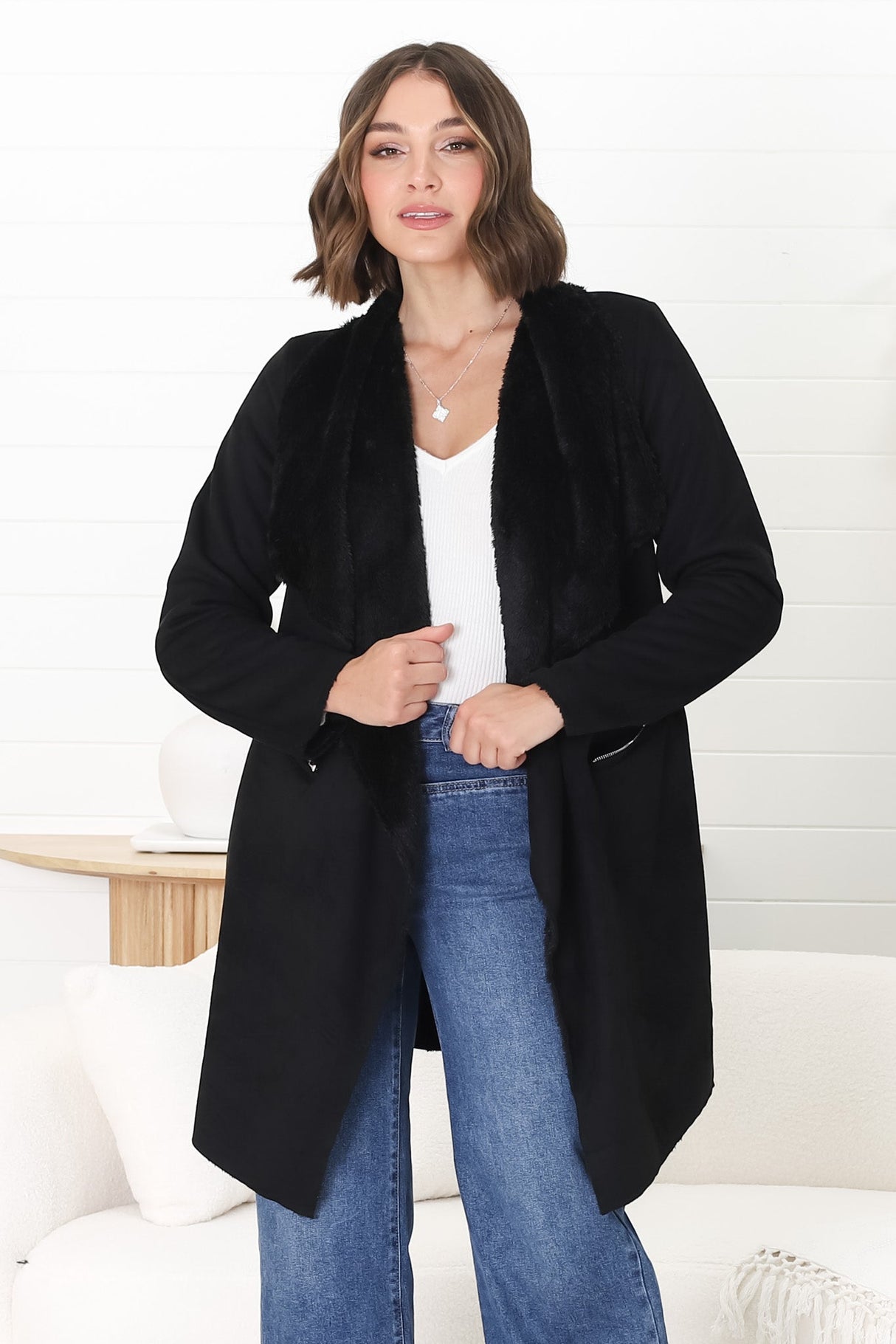 Devenish Jacket - Faux Fur Lined Suede-Like Waterfall Jacket in Black