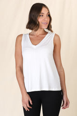 Sienna Tank Top - Soft V Neck Slight High-Low Top in White