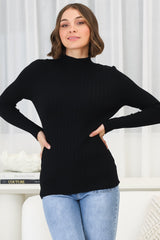 Hellen Knit Top - High Neck Raw Trim Ribbed Top in Black