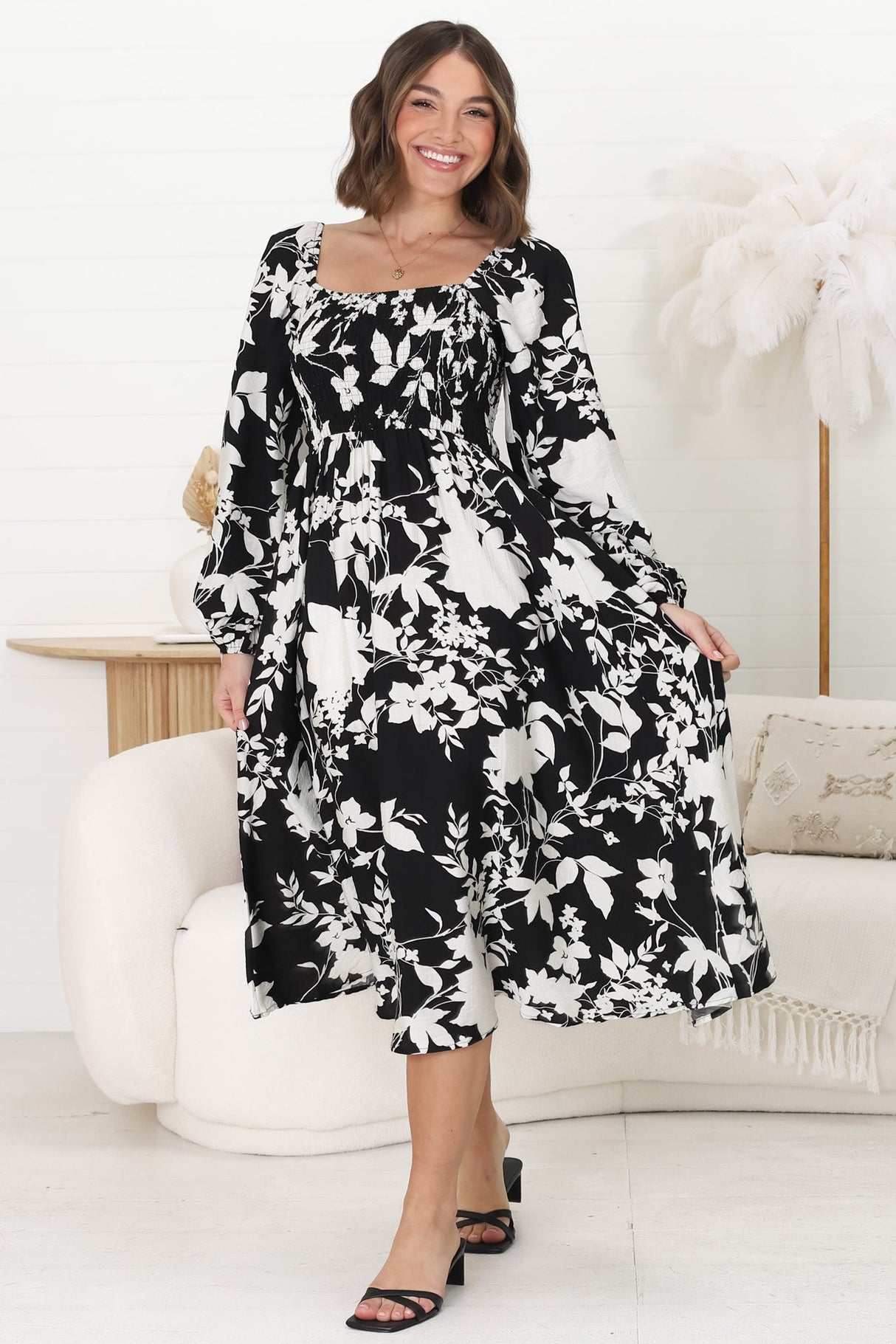 Samera Midi Dress - On or Off Shoulder A Line Dress in Kacia Print Black