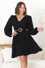 Lyna Mini Dress - A Line Dress with Statement Rattan Buckle Belt in Black