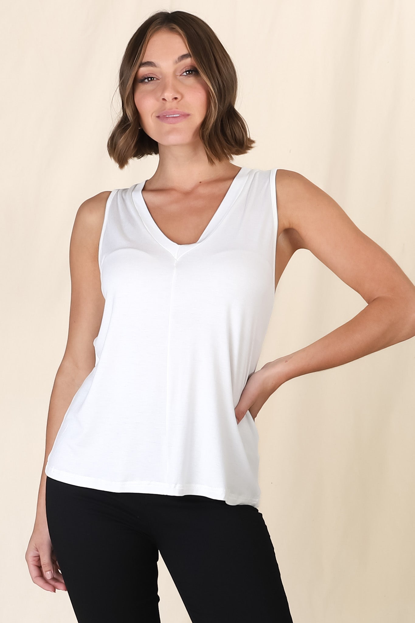 Sienna Tank Top - Soft V Neck Slight High-Low Top in White