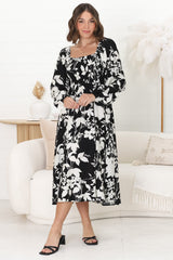 Samera Midi Dress - On or Off Shoulder A Line Dress in Kacia Print Black