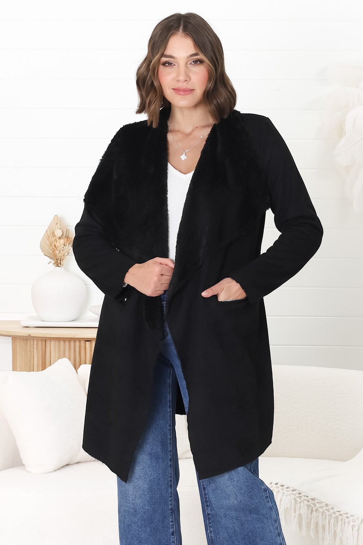 Devenish Jacket - Faux Fur Lined Suede-Like Waterfall Jacket in Black