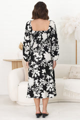 Samera Midi Dress - On or Off Shoulder A Line Dress in Kacia Print Black