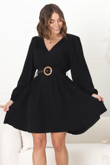 Lyna Mini Dress - A Line Dress with Statement Rattan Buckle Belt in Black