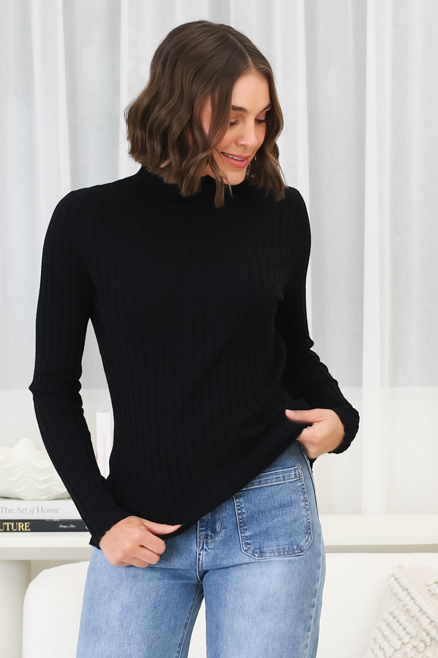 Hellen Knit Top - High Neck Raw Trim Ribbed Top in Black