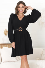 Lyna Mini Dress - A Line Dress with Statement Rattan Buckle Belt in Black