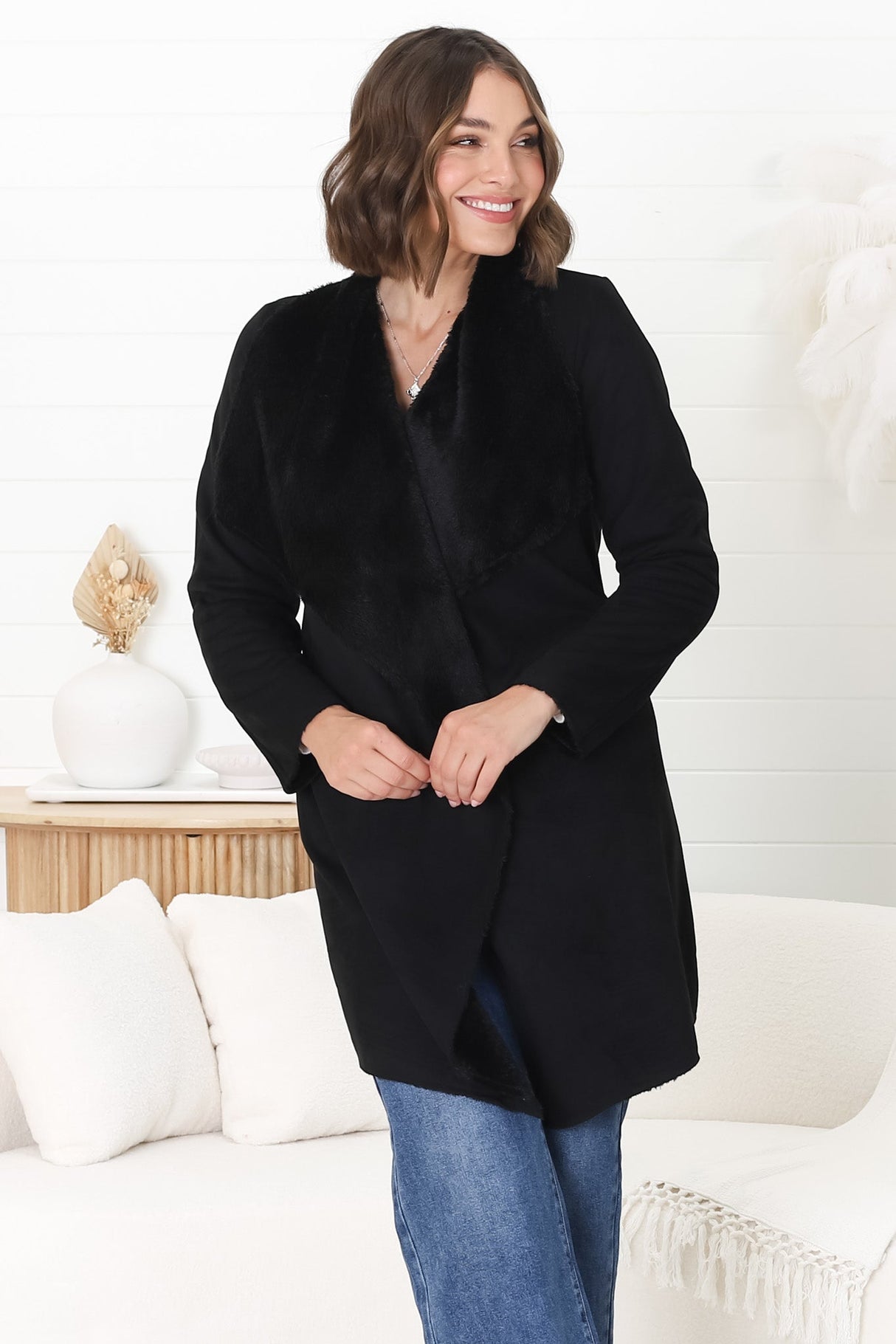 Devenish Jacket - Faux Fur Lined Suede-Like Waterfall Jacket in Black