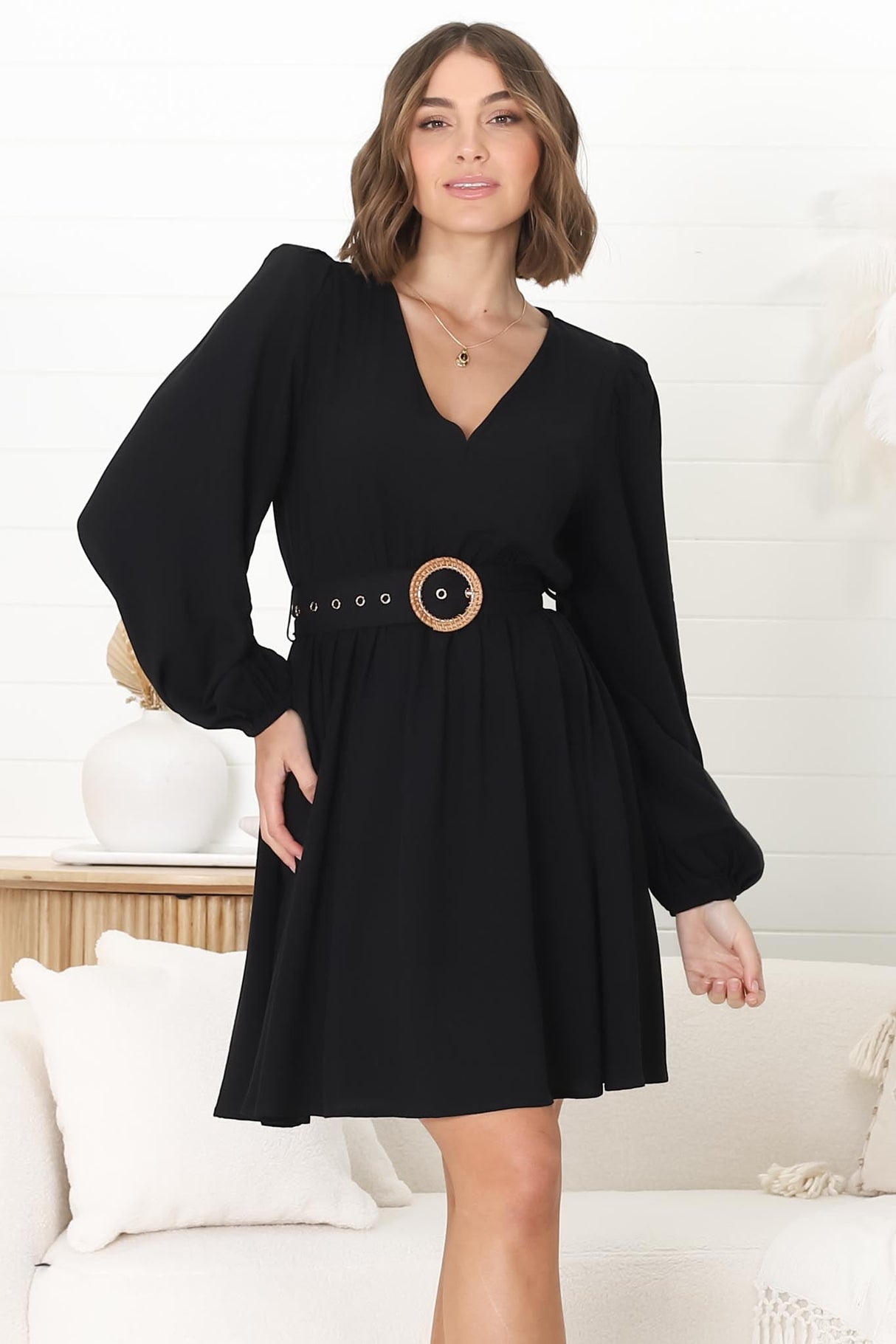 Lyna Mini Dress - A Line Dress with Statement Rattan Buckle Belt in Black