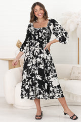 Samera Midi Dress - On or Off Shoulder A Line Dress in Kacia Print Black