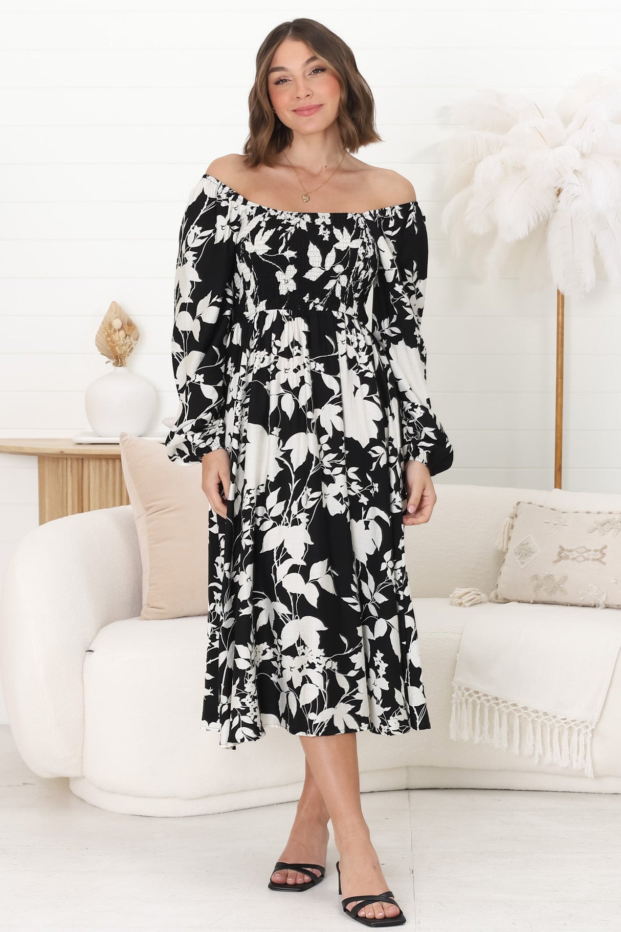 Samera Midi Dress - On or Off Shoulder A Line Dress in Kacia Print Black