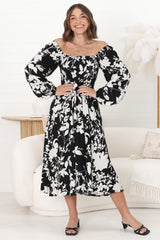 Samera Midi Dress - On or Off Shoulder A Line Dress in Kacia Print Black