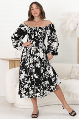 Samera Midi Dress - On or Off Shoulder A Line Dress in Kacia Print Black