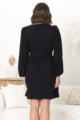 Lyna Mini Dress - A Line Dress with Statement Rattan Buckle Belt in Black