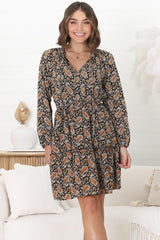 Alara Mini Dress - Frill Collar A Line Dress with Long Sleeves in Vella Print