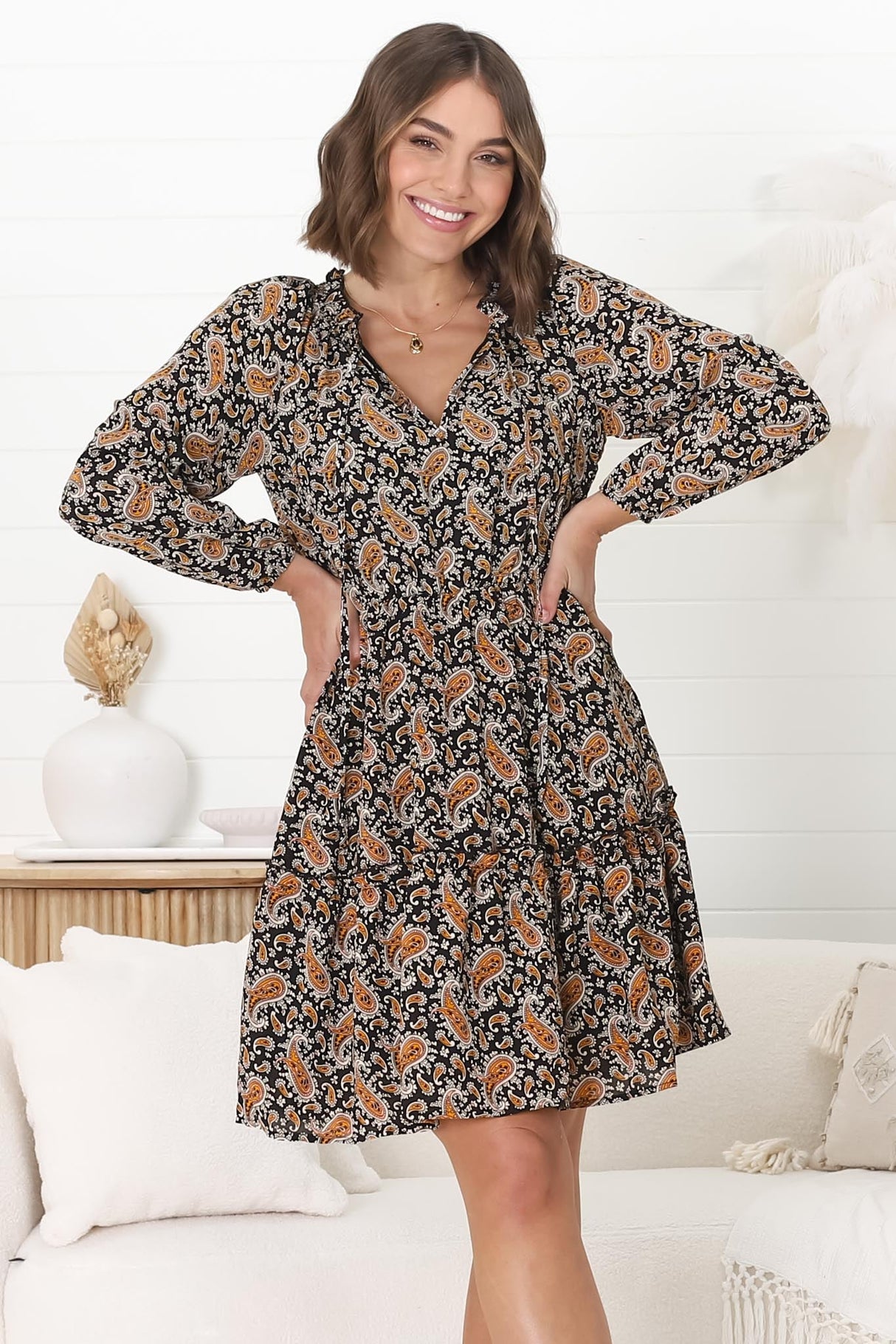 Alara Mini Dress - Frill Collar A Line Dress with Long Sleeves in Vella Print