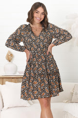 Alara Mini Dress - Frill Collar A Line Dress with Long Sleeves in Vella Print