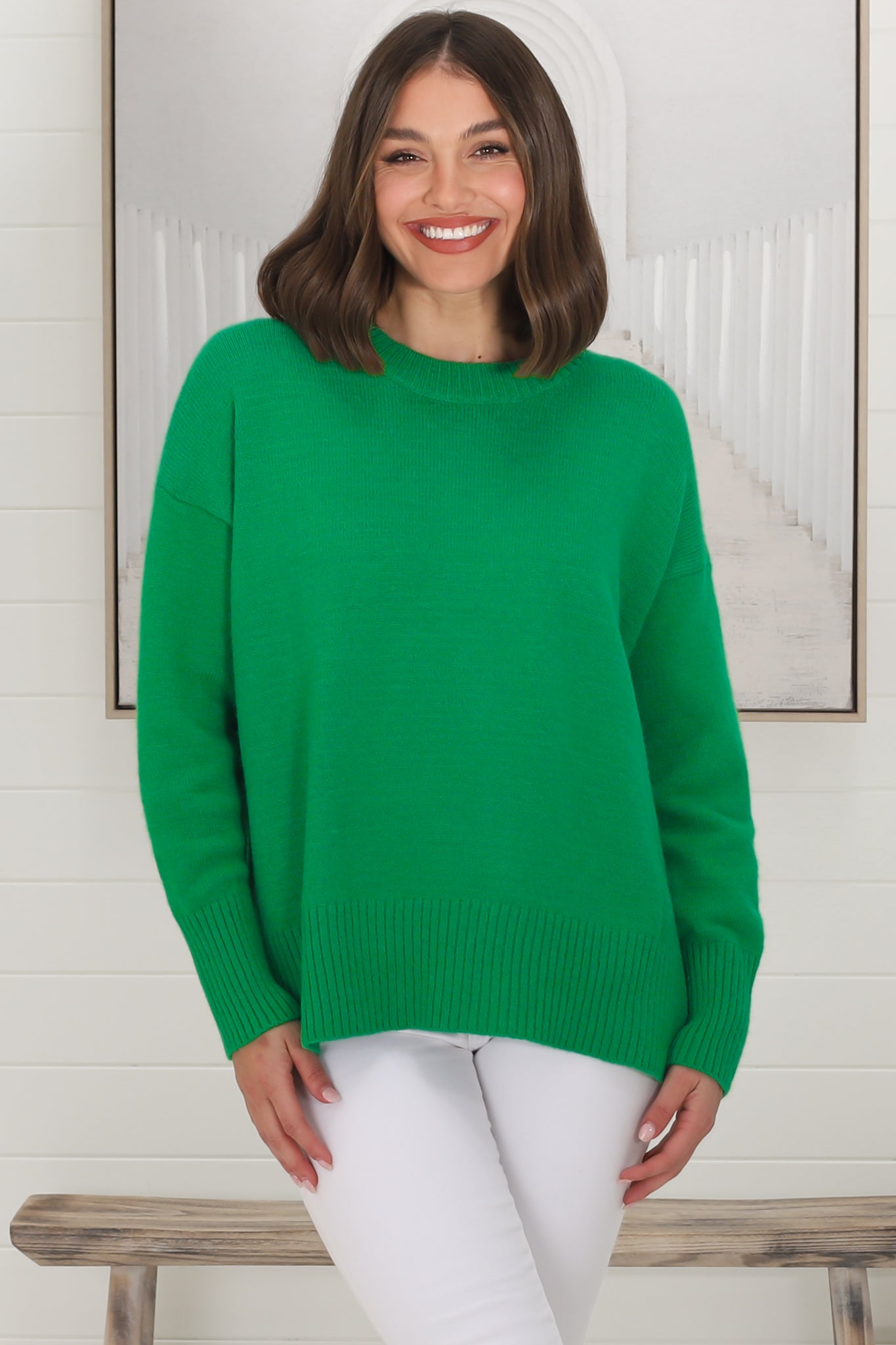 Rita Jumper - Relaxed Crew Neck Knit with Side Splits in Green