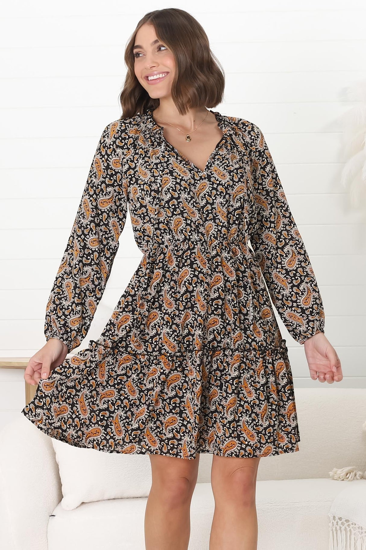 Alara Mini Dress - Frill Collar A Line Dress with Long Sleeves in Vella Print