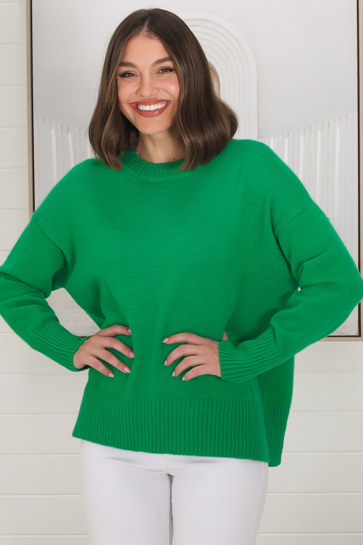 Rita Jumper - Relaxed Crew Neck Knit with Side Splits in Green