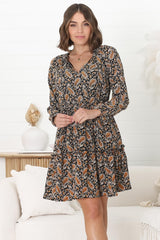 Alara Mini Dress - Frill Collar A Line Dress with Long Sleeves in Vella Print