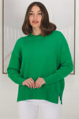 Rita Jumper - Relaxed Crew Neck Knit with Side Splits in Green