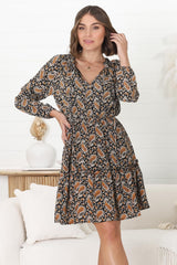 Alara Mini Dress - Frill Collar A Line Dress with Long Sleeves in Vella Print