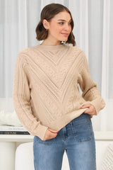 Ruthie Knit Top - Pom Pom Open Knit Decal Jumper in Beige