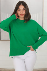 Rita Jumper - Relaxed Crew Neck Knit with Side Splits in Green