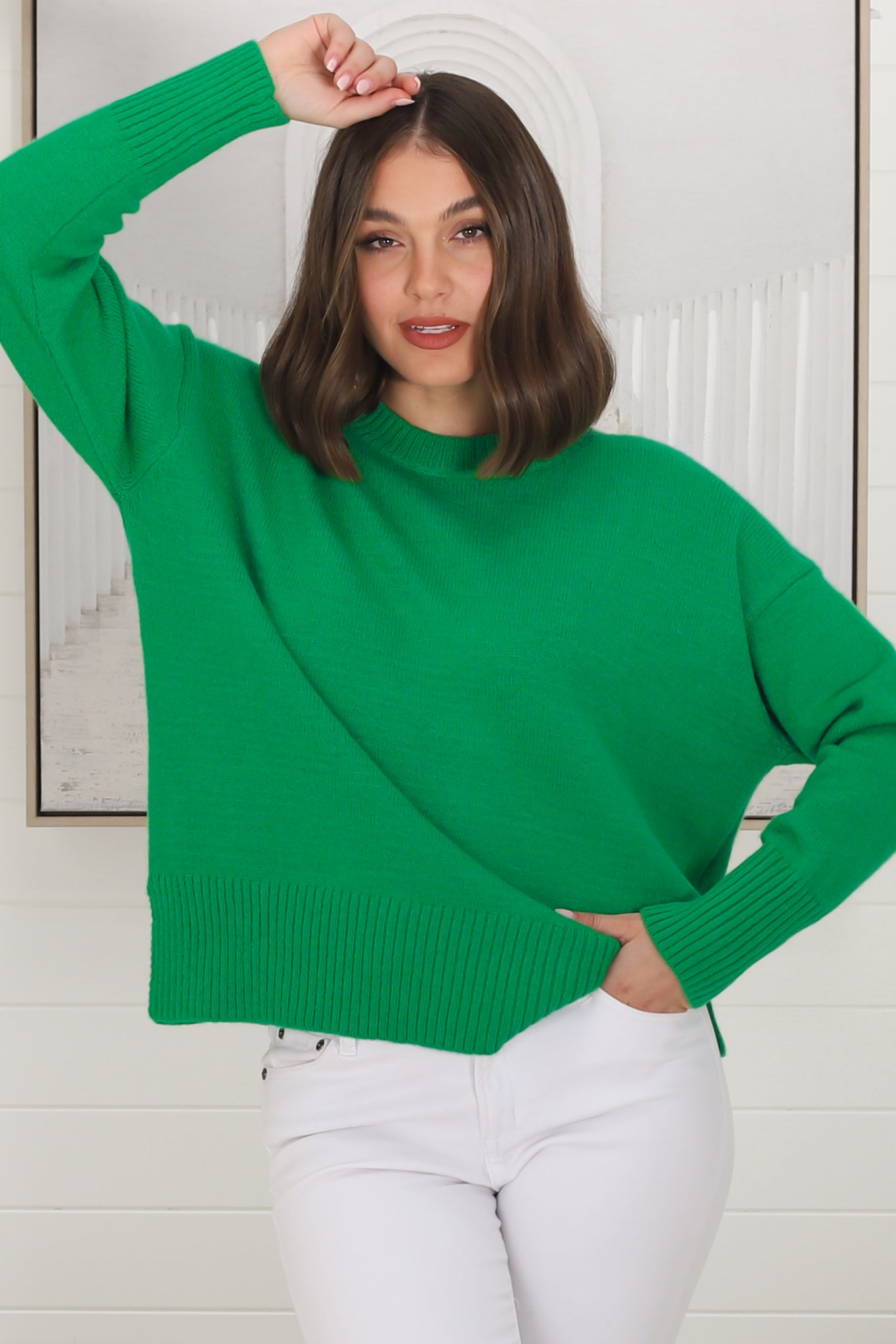 Rita Jumper - Relaxed Crew Neck Knit with Side Splits in Green