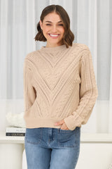 Ruthie Knit Top - Pom Pom Open Knit Decal Jumper in Beige