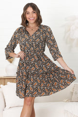 Alara Mini Dress - Frill Collar A Line Dress with Long Sleeves in Vella Print